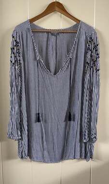 Old Navy The Tunic Shirt Women's XL Blue Stripe Embroidered Balloon Sleeve BOHO